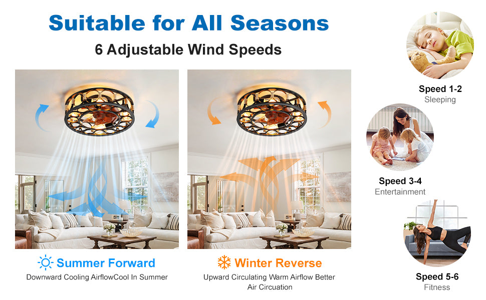 20" Caged Ceiling Fans with Lights and Remote Flush Mount Farmhouse Industrial Bladeless Ceiling Fan