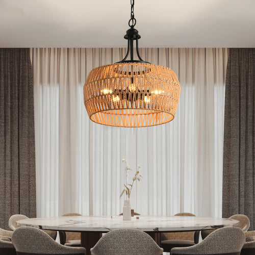 19" Boho Hemp Rope Pendant Light Hand-Woven Jute Hanging Lamp with Adjustable Chain Natural Rope Shade Ceiling Light