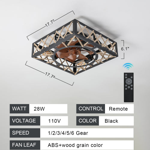 Farmhouse Rustic Ceiling Fan and Remote Control,Square Caged Industrial Ceiling Fixture with 6 Speeds