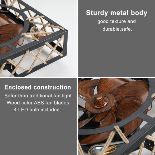 Farmhouse Rustic Ceiling Fan and Remote Control,Square Caged Industrial Ceiling Fixture with 6 Speeds