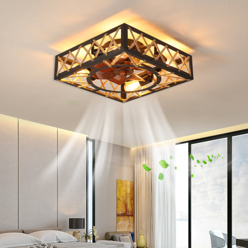 Farmhouse Rustic Ceiling Fan and Remote Control,Square Caged Industrial Ceiling Fixture with 6 Speeds