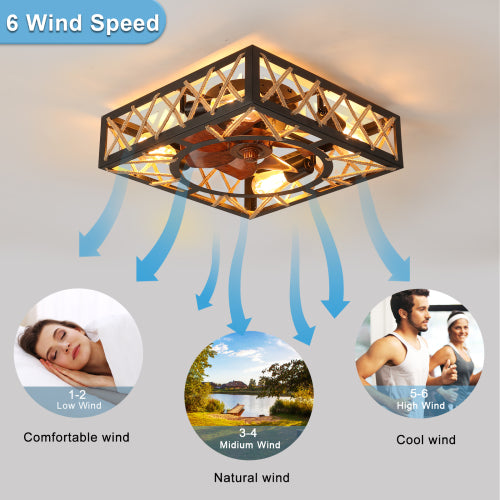 Farmhouse Rustic Ceiling Fan and Remote Control,Square Caged Industrial Ceiling Fixture with 6 Speeds