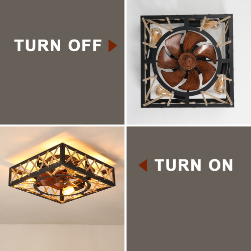 Farmhouse Rustic Ceiling Fan and Remote Control,Square Caged Industrial Ceiling Fixture with 6 Speeds
