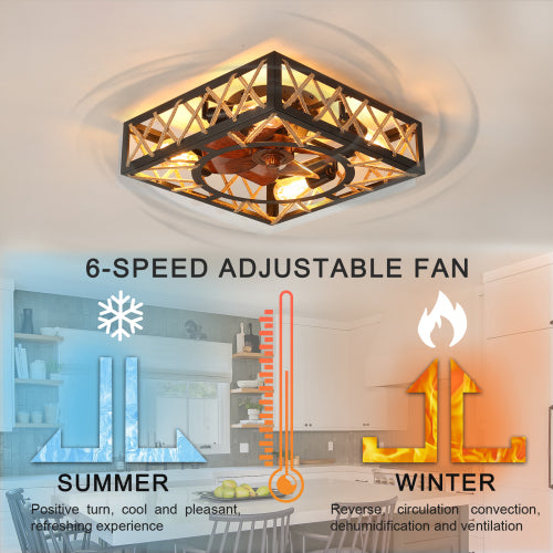 Farmhouse Rustic Ceiling Fan and Remote Control,Square Caged Industrial Ceiling Fixture with 6 Speeds