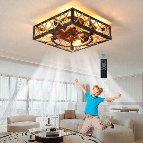 Farmhouse Rustic Ceiling Fan and Remote Control,Square Caged Industrial Ceiling Fixture with 6 Speeds