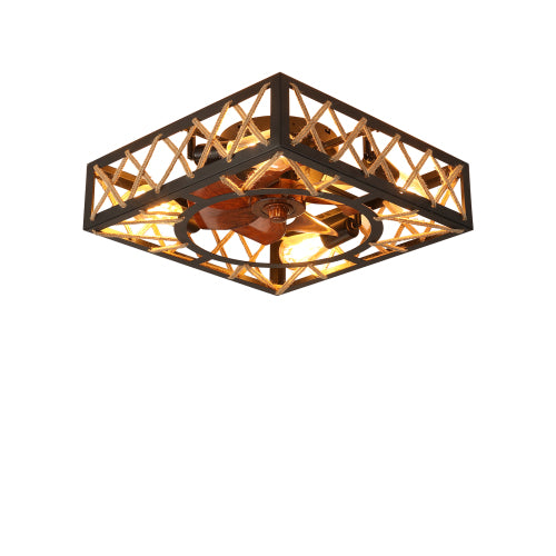 Farmhouse Rustic Ceiling Fan and Remote Control,Square Caged Industrial Ceiling Fixture with 6 Speeds