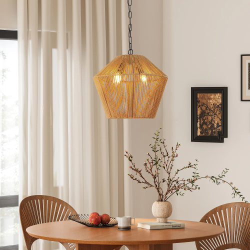 17" Boho Hemp Rope Pendant Light Handcrafted Farmhouse Hanging Light Fixture