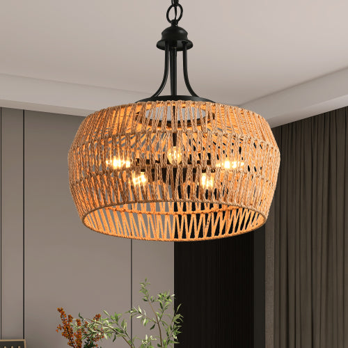 19" Boho Hemp Rope Pendant Light Hand-Woven Jute Hanging Lamp with Adjustable Chain Natural Rope Shade Ceiling Light