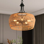 19" Boho Hemp Rope Pendant Light Hand-Woven Jute Hanging Lamp with Adjustable Chain Natural Rope Shade Ceiling Light