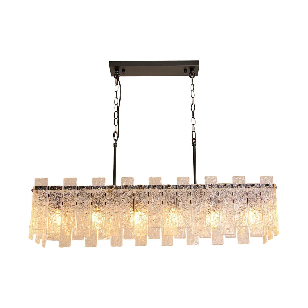 Modern Rectangle Black Crystal Chandeliers for Dining Room L39" Large Rectangular Water Ripple Glass Island Light Fixture