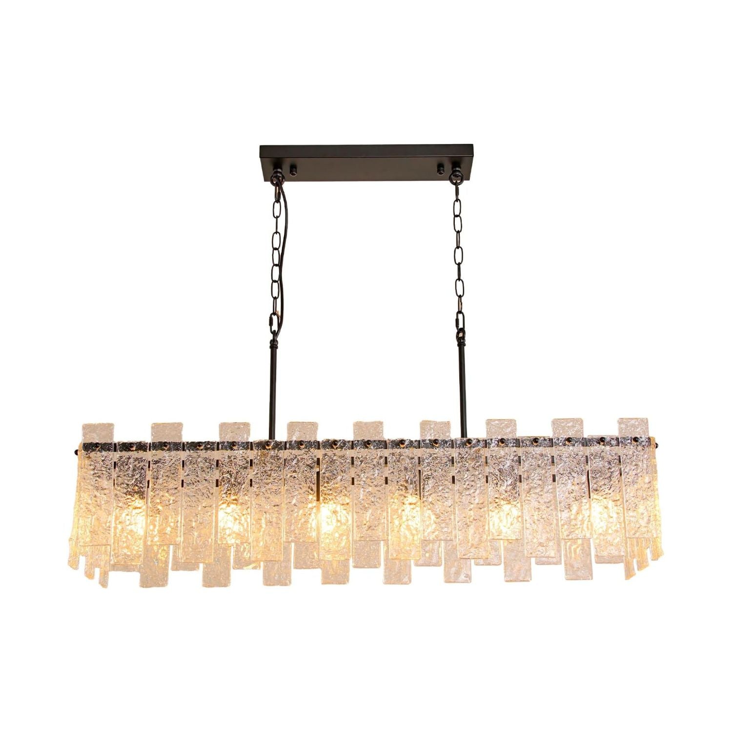 Modern Rectangle Black Crystal Chandeliers for Dining Room L39" Large Rectangular Water Ripple Glass Island Light Fixture