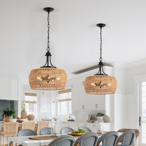 19" Boho Hemp Rope Pendant Light Hand-Woven Jute Hanging Lamp with Adjustable Chain Natural Rope Shade Ceiling Light