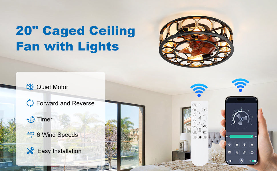 20" Caged Ceiling Fans with Lights and Remote Flush Mount Farmhouse Industrial Bladeless Ceiling Fan