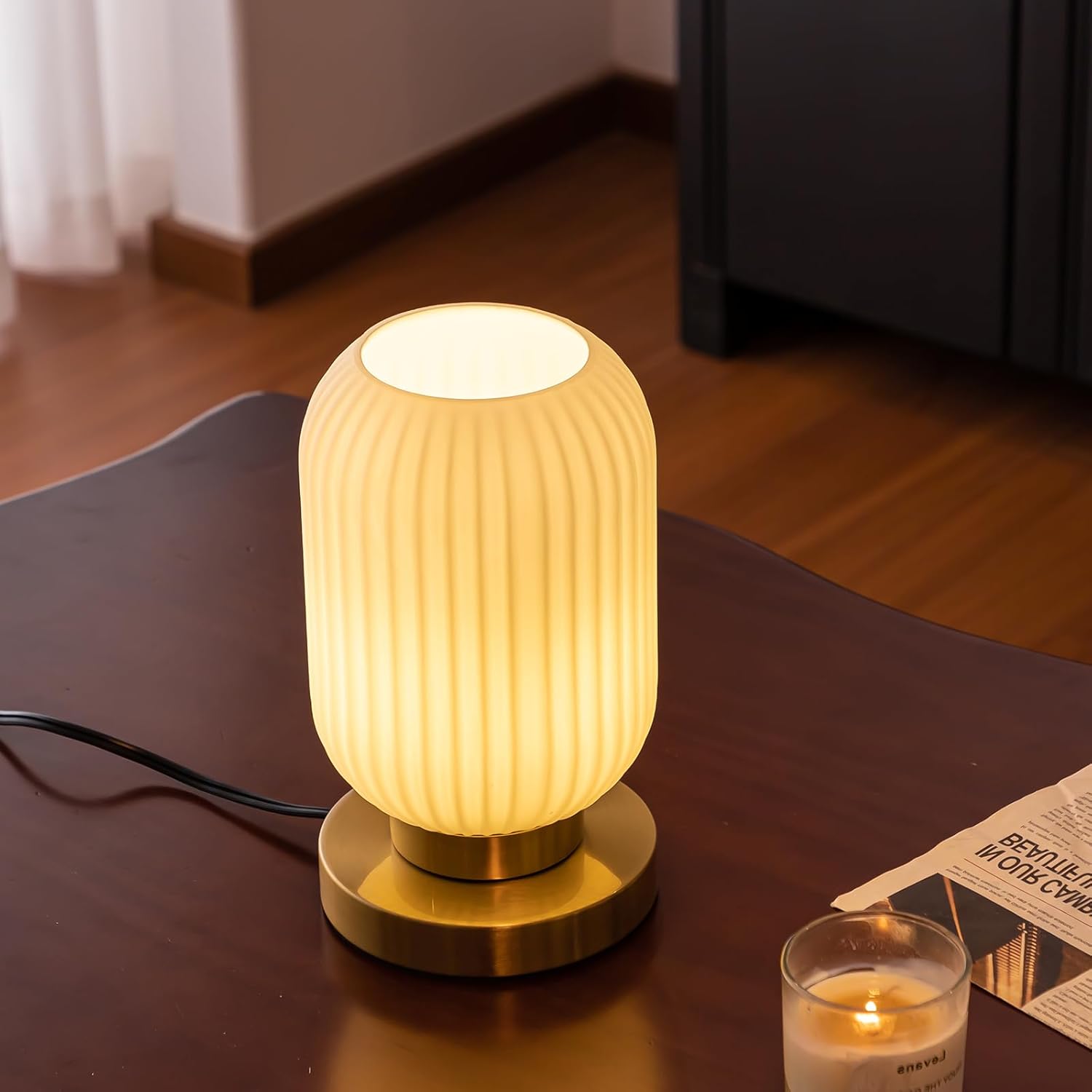 Bedside Table Lamp with Glass Shade White Glass Nightstand Lamp Modern Desk Lamp