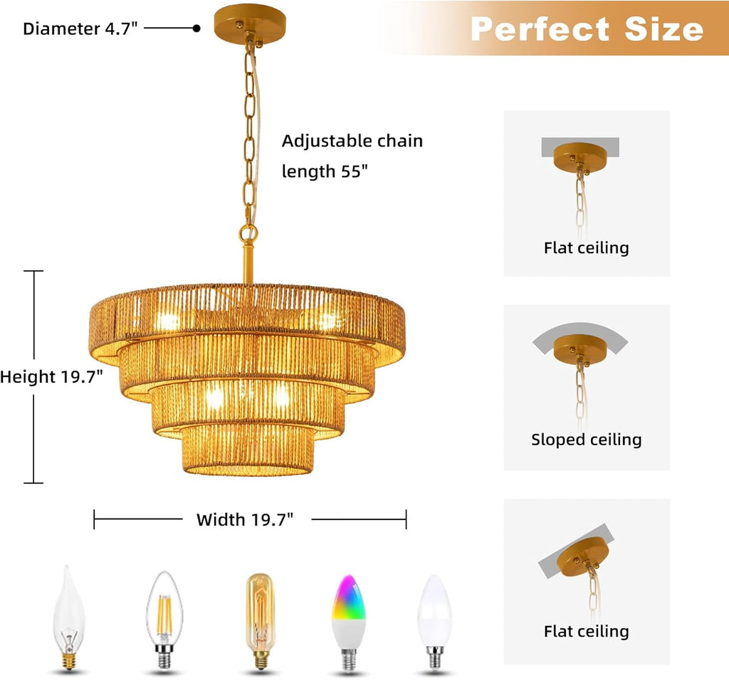 6 Lights Boho Rattan Pendant Light Large Farmhouse Chandelier with 3-Tier Wicker Shade Bohemian Gold Ceiling Hanging Light