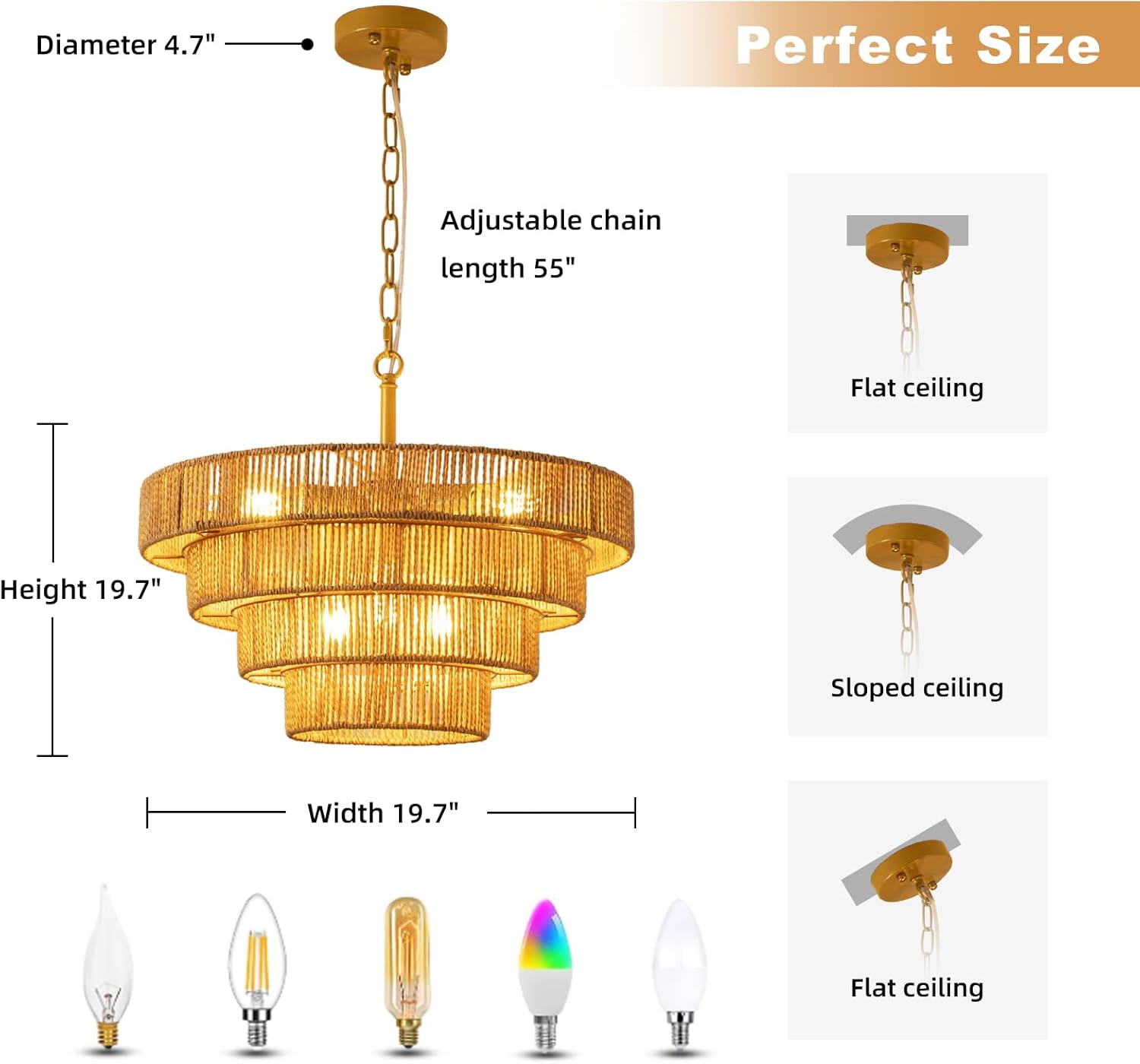 6 Lights Boho Rattan Pendant Light Large Farmhouse Chandelier with 3-Tier Wicker Shade Bohemian Gold Ceiling Hanging Light