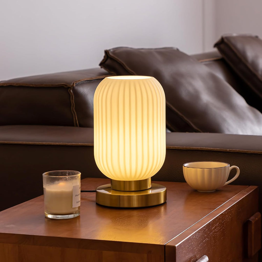 Bedside Table Lamp with Glass Shade White Glass Nightstand Lamp Modern Desk Lamp