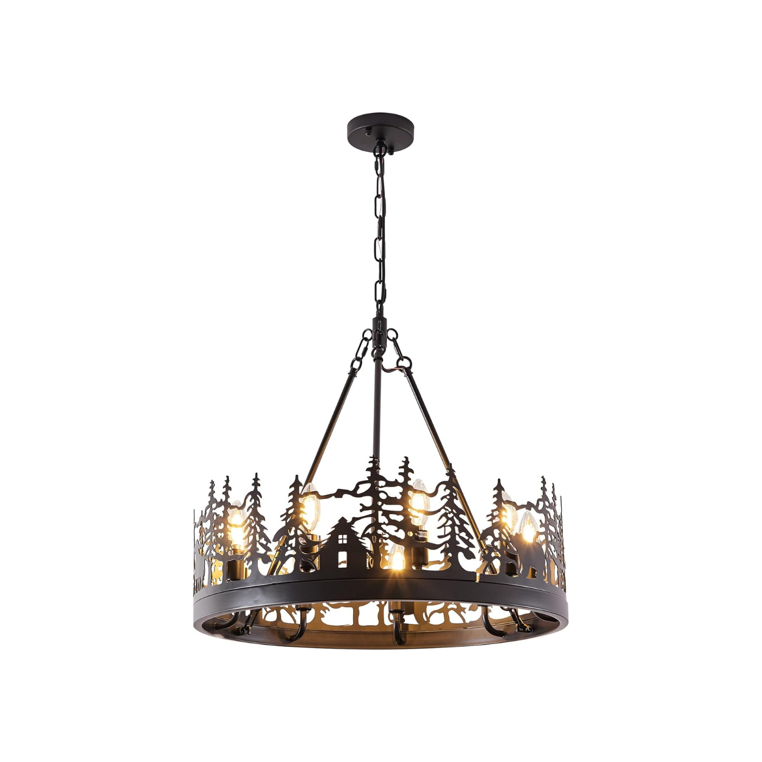 9-Light Rustic Farmhouse Chandelier Black Wagon Wheel Pendant Light Fixture 23.6” Round Vintage Bear Chandelier