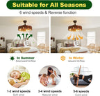 Farmhouse Wood Ceiling Fan with Lights 19.7 Inch Fence Caged Enclosed Bladeless Ceiling Fan Light Fandelier