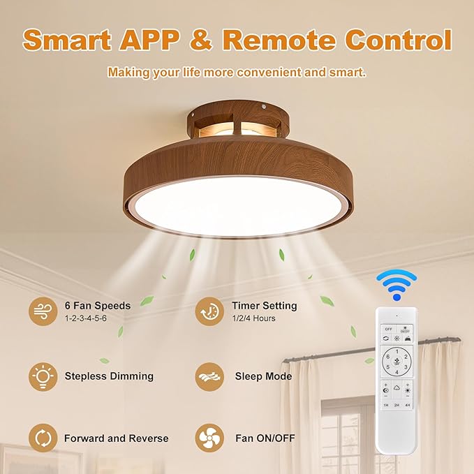 Bladeless Ceiling Fans with Lights and Remote, 18.9" Walnut Color