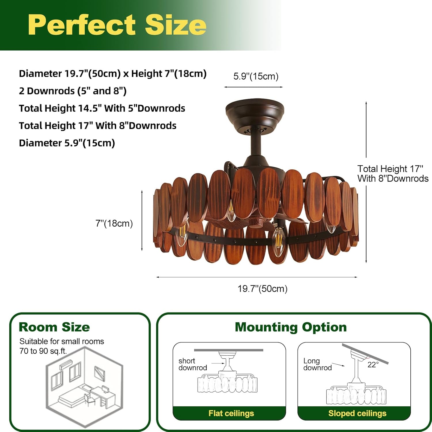 Farmhouse Wood Ceiling Fan with Lights 19.7 Inch Fence Caged Enclosed Bladeless Ceiling Fan Light Fandelier
