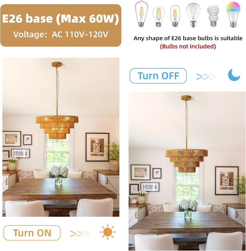 6 Lights Boho Rattan Pendant Light Large Farmhouse Chandelier with 3-Tier Wicker Shade Bohemian Gold Ceiling Hanging Light