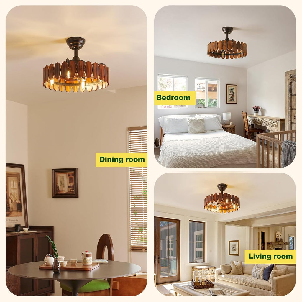 Farmhouse Wood Ceiling Fan with Lights 19.7 Inch Fence Caged Enclosed Bladeless Ceiling Fan Light Fandelier