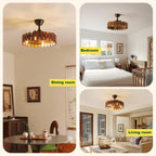 Farmhouse Wood Ceiling Fan with Lights 19.7 Inch Fence Caged Enclosed Bladeless Ceiling Fan Light Fandelier