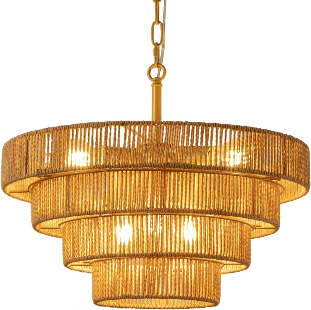 6 Lights Boho Rattan Pendant Light Large Farmhouse Chandelier with 3-Tier Wicker Shade Bohemian Gold Ceiling Hanging Light