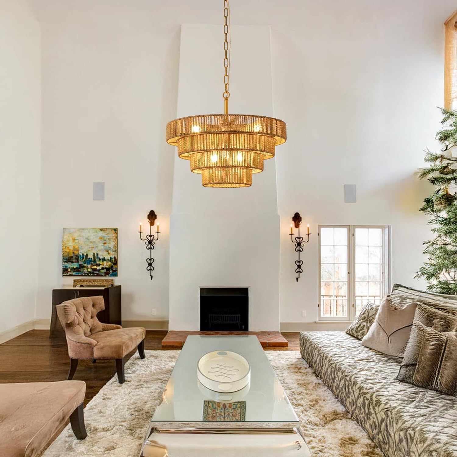 6 Lights Boho Rattan Pendant Light Large Farmhouse Chandelier with 3-Tier Wicker Shade Bohemian Gold Ceiling Hanging Light