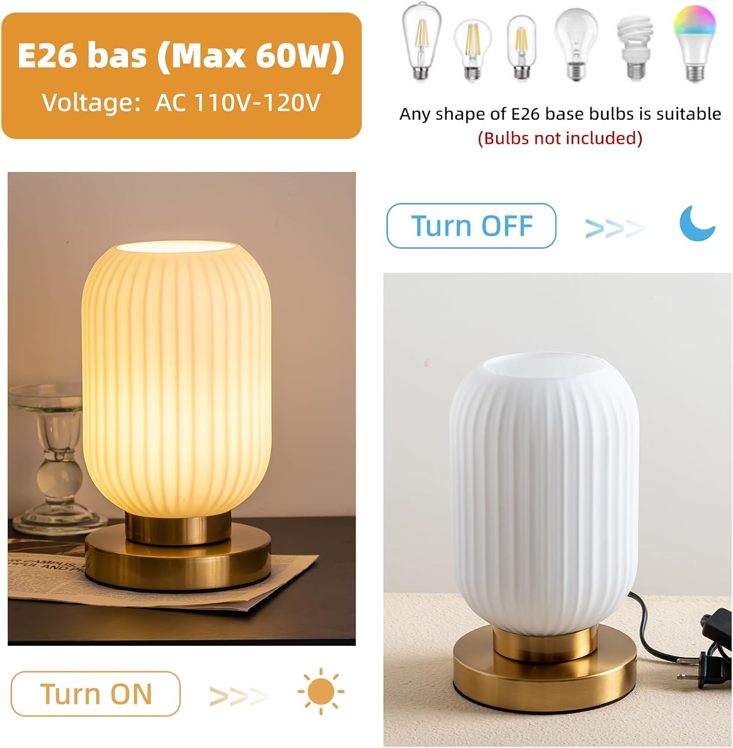 Bedside Table Lamp with Glass Shade White Glass Nightstand Lamp Modern Desk Lamp
