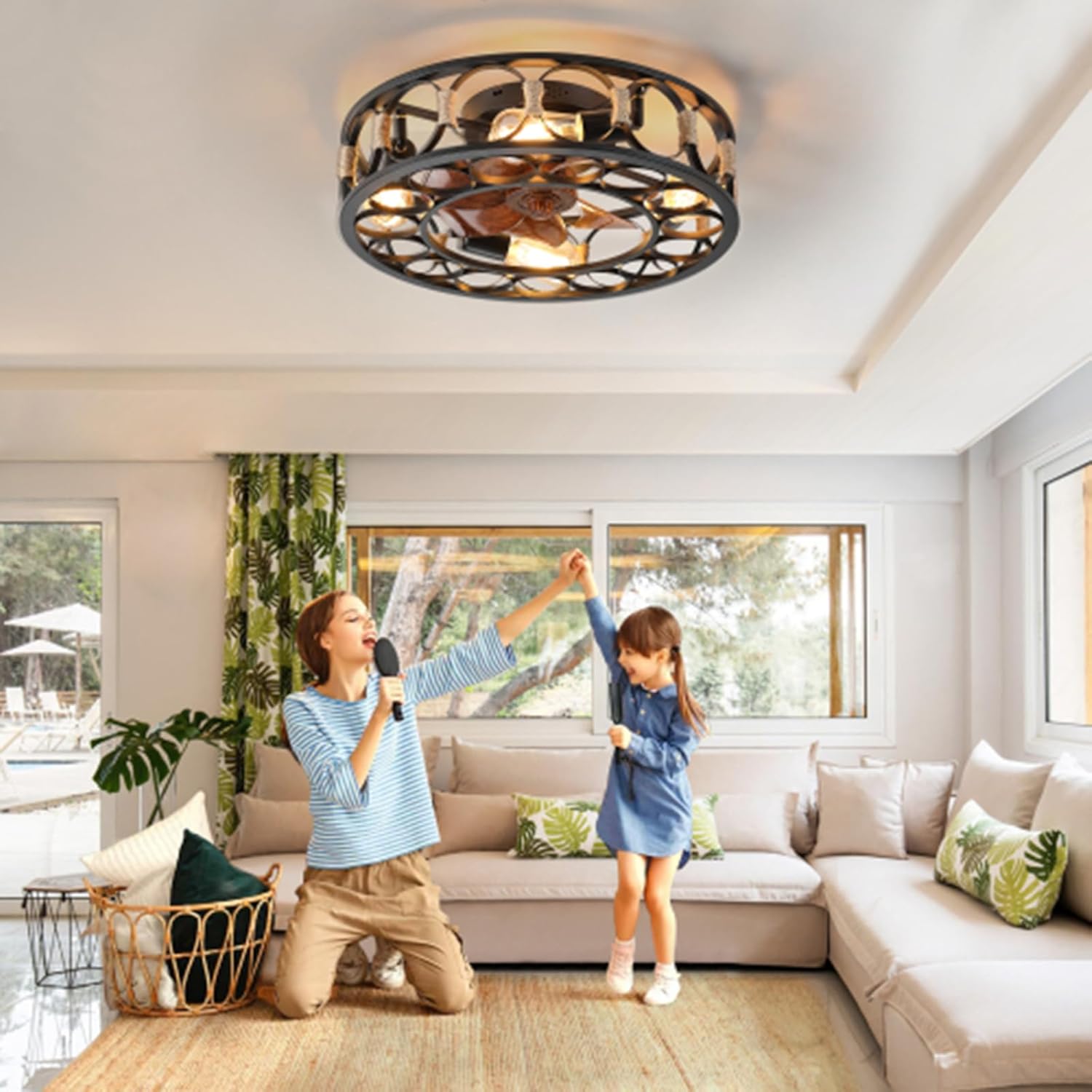 20" Caged Ceiling Fans with Lights and Remote Flush Mount Farmhouse Industrial Bladeless Ceiling Fan
