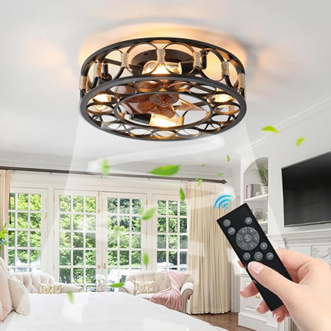 20" Caged Ceiling Fans with Lights and Remote Flush Mount Farmhouse Industrial Bladeless Ceiling Fan