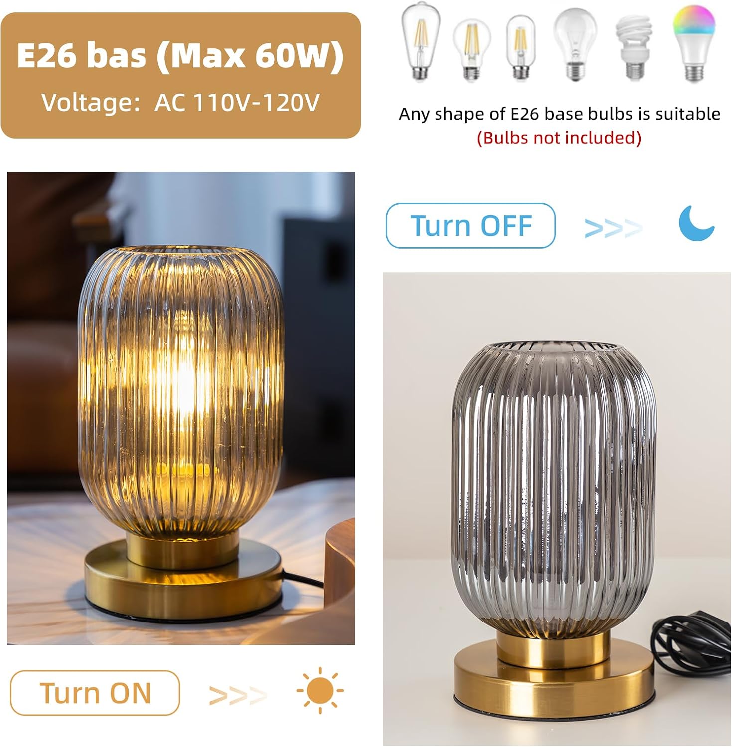 Bedside Table Lamp with Glass Shade Modern Desk Lamp with Plug-in Style for Bedroom Living Room