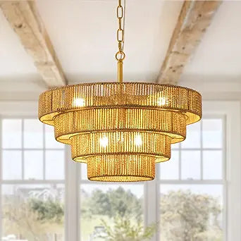 6 Lights Boho Rattan Pendant Light Large Farmhouse Chandelier with 3-Tier Wicker Shade Bohemian Gold Ceiling Hanging Light