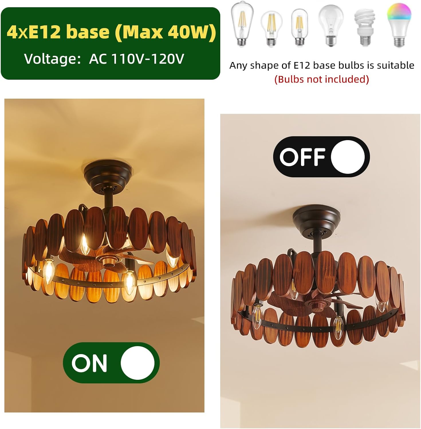 Farmhouse Wood Ceiling Fan with Lights 19.7 Inch Fence Caged Enclosed Bladeless Ceiling Fan Light Fandelier