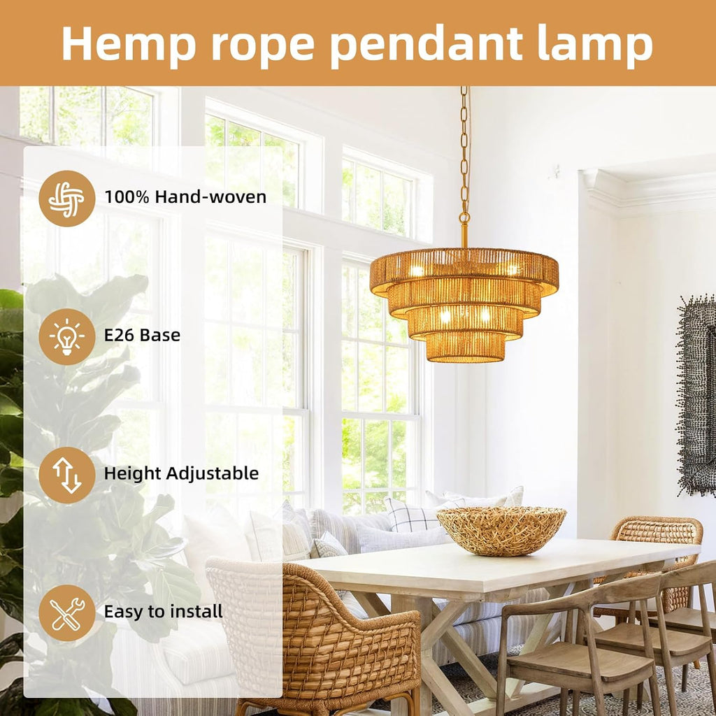 6 Lights Boho Rattan Pendant Light Large Farmhouse Chandelier with 3-Tier Wicker Shade Bohemian Gold Ceiling Hanging Light