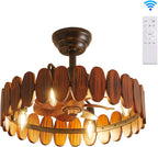 Farmhouse Wood Ceiling Fan with Lights 19.7 Inch Fence Caged Enclosed Bladeless Ceiling Fan Light Fandelier