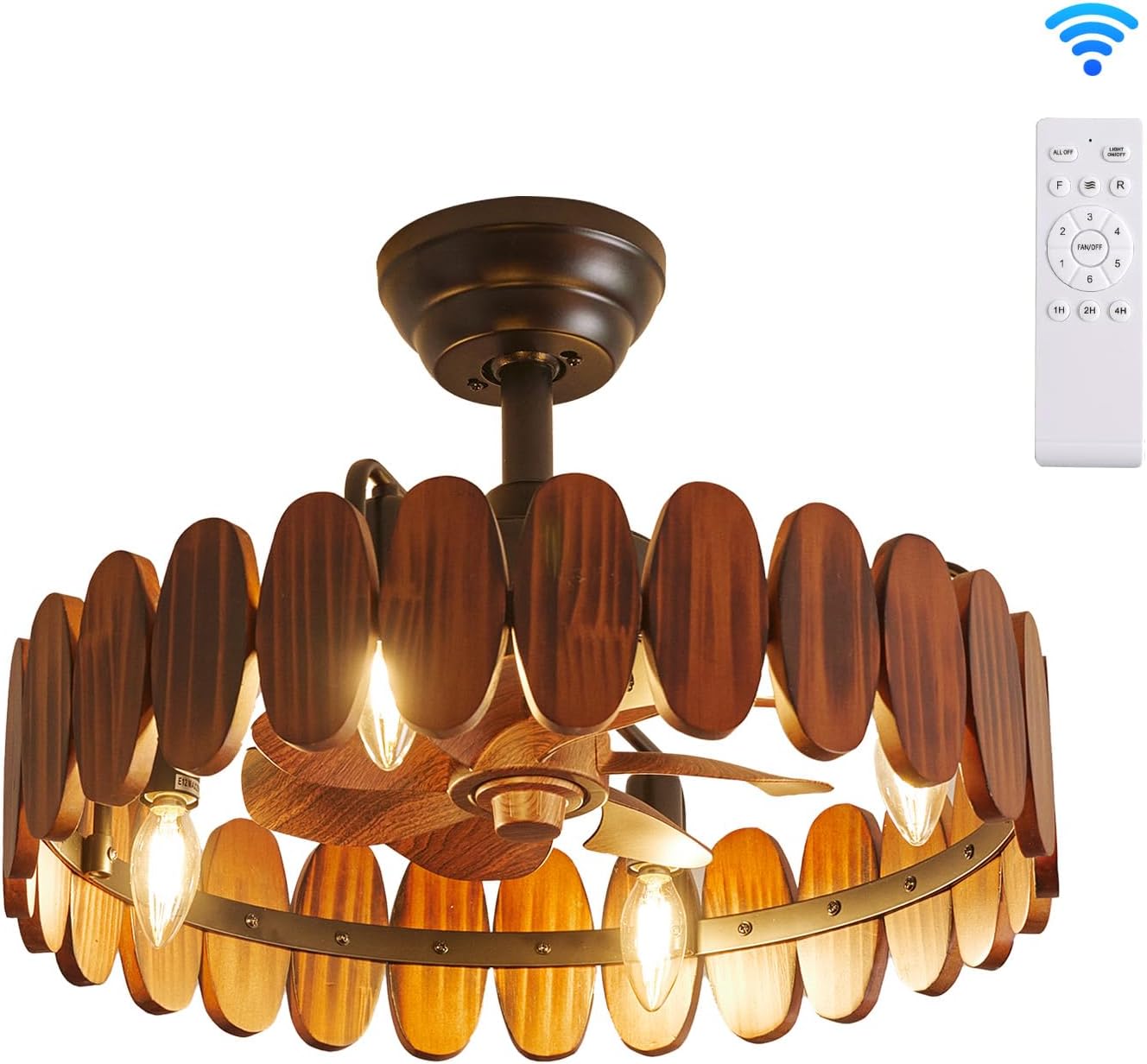 Farmhouse Wood Ceiling Fan with Lights 19.7 Inch Fence Caged Enclosed Bladeless Ceiling Fan Light Fandelier
