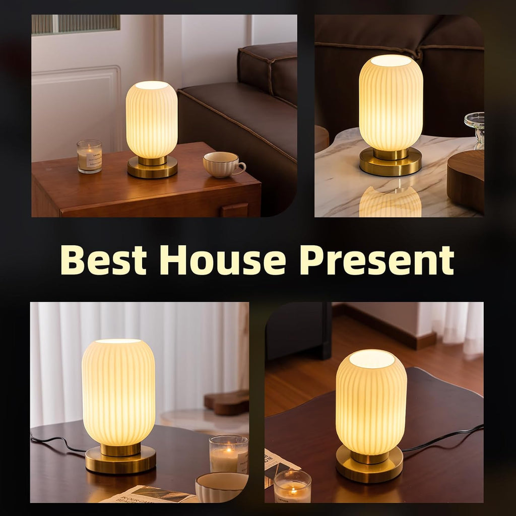 Bedside Table Lamp with Glass Shade White Glass Nightstand Lamp Modern Desk Lamp