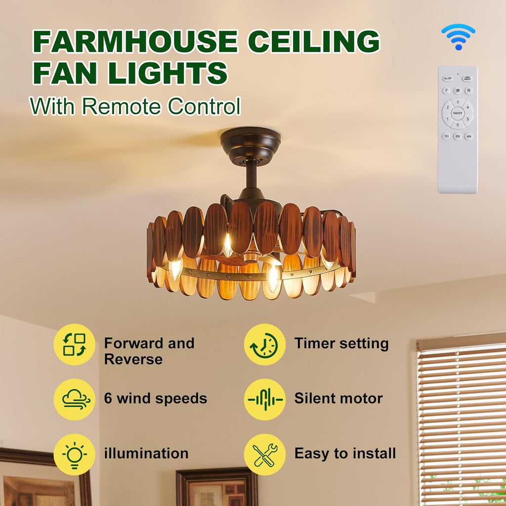 Farmhouse Wood Ceiling Fan with Lights 19.7 Inch Fence Caged Enclosed Bladeless Ceiling Fan Light Fandelier