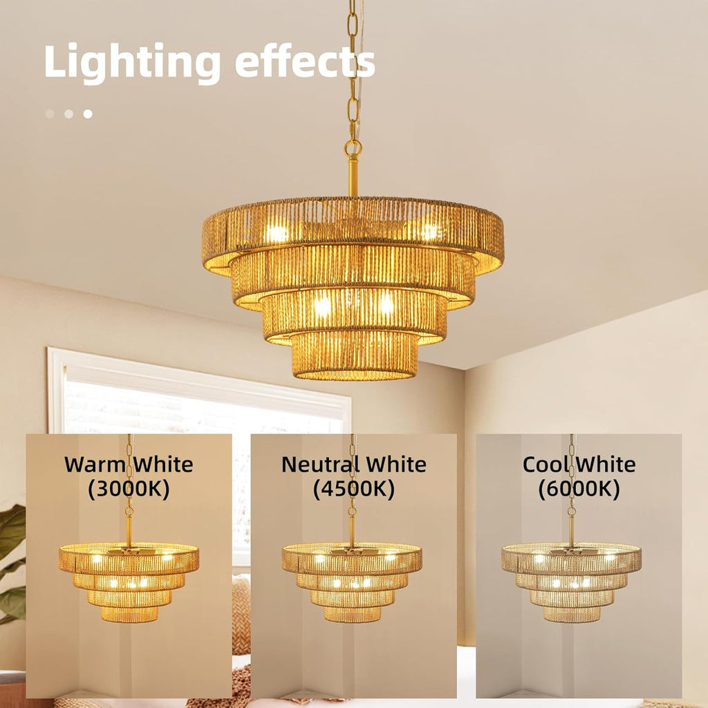 6 Lights Boho Rattan Pendant Light Large Farmhouse Chandelier with 3-Tier Wicker Shade Bohemian Gold Ceiling Hanging Light