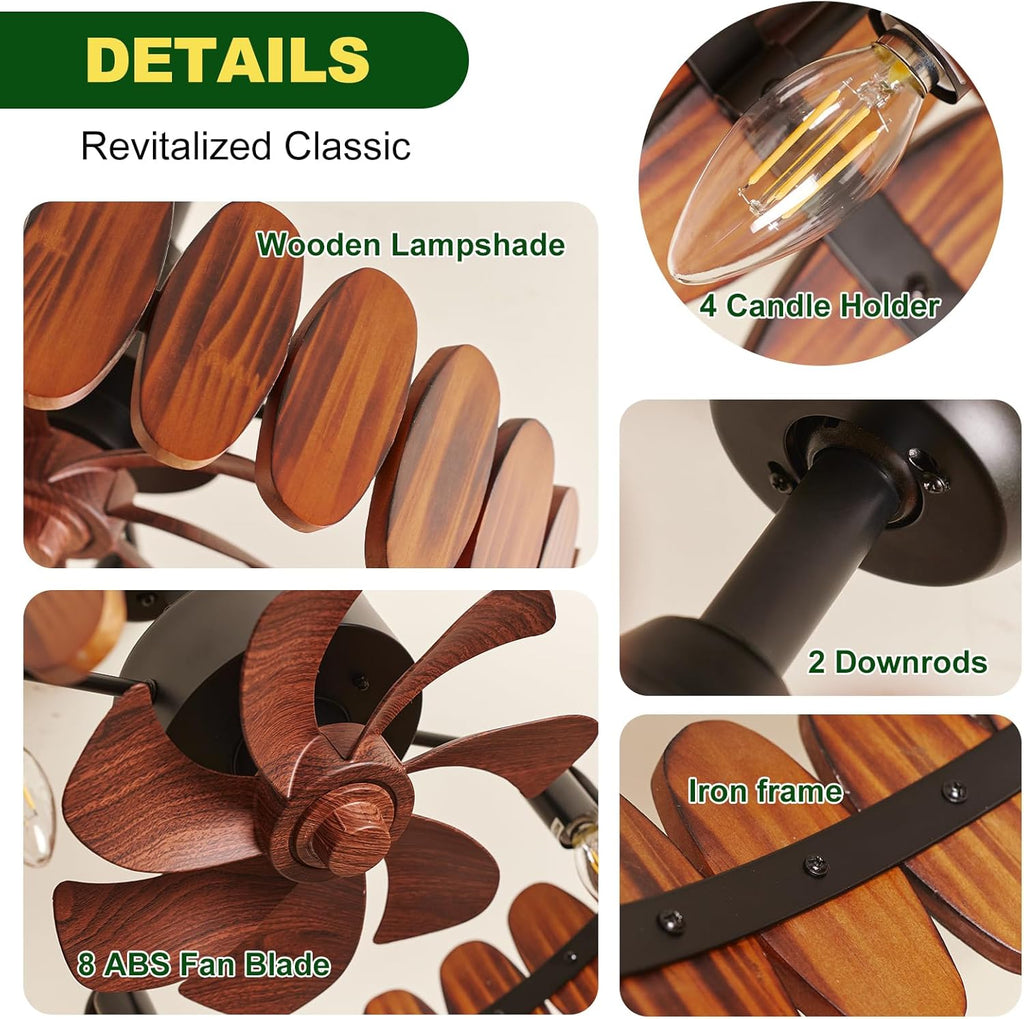 Farmhouse Wood Ceiling Fan with Lights 19.7 Inch Fence Caged Enclosed Bladeless Ceiling Fan Light Fandelier