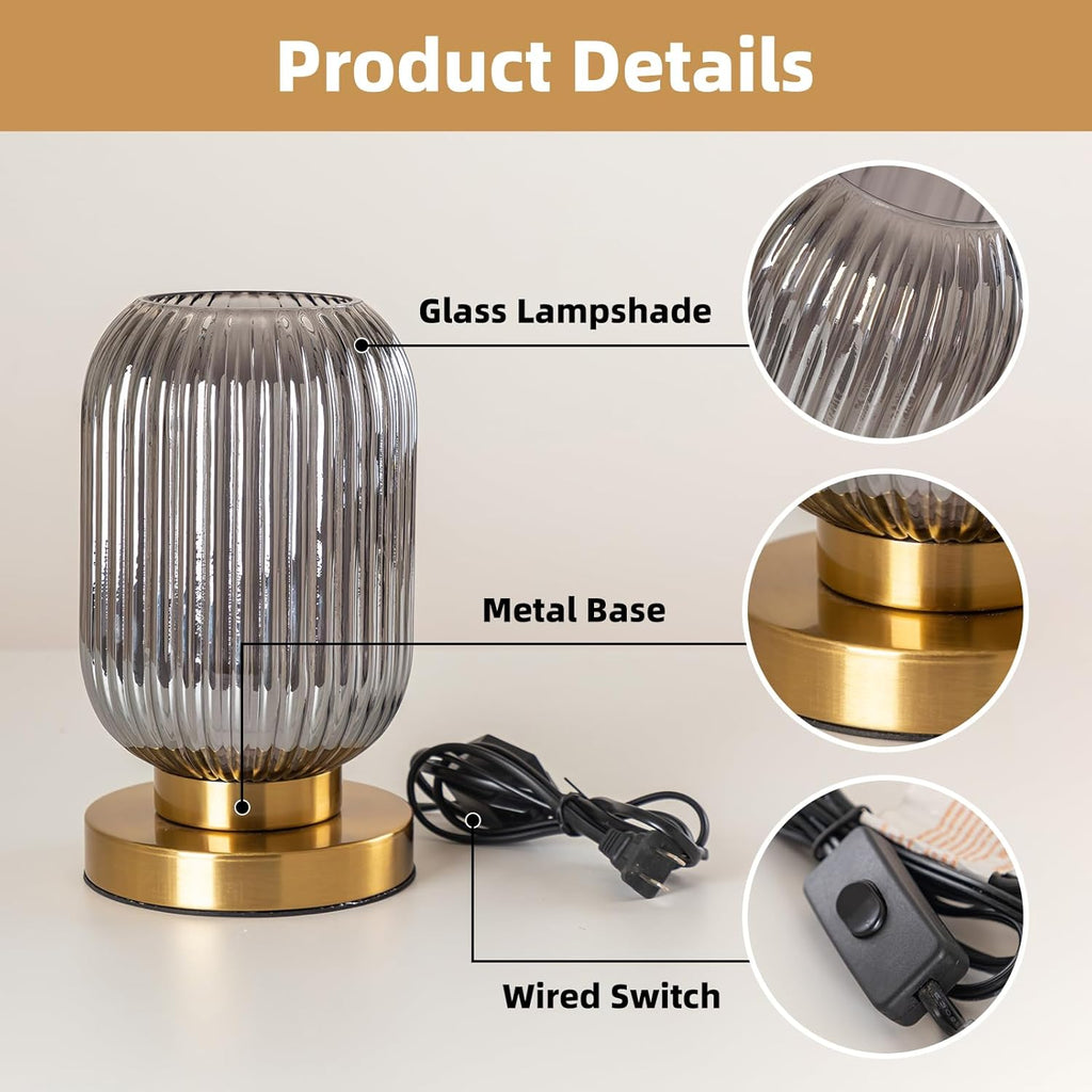 Bedside Table Lamp with Glass Shade Modern Desk Lamp with Plug-in Style for Bedroom Living Room