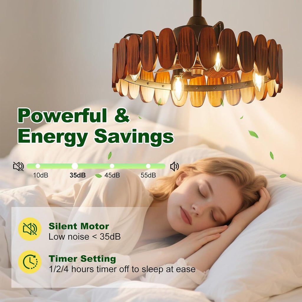 Farmhouse Wood Ceiling Fan with Lights 19.7 Inch Fence Caged Enclosed Bladeless Ceiling Fan Light Fandelier