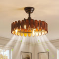 Farmhouse Wood Ceiling Fan with Lights 19.7 Inch Fence Caged Enclosed Bladeless Ceiling Fan Light Fandelier
