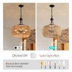 19" Boho Hemp Rope Pendant Light Hand-Woven Jute Hanging Lamp with Adjustable Chain Natural Rope Shade Ceiling Light