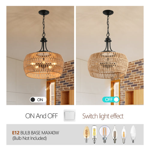 19" Boho Hemp Rope Pendant Light Hand-Woven Jute Hanging Lamp with Adjustable Chain Natural Rope Shade Ceiling Light