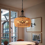 19" Boho Hemp Rope Pendant Light Hand-Woven Jute Hanging Lamp with Adjustable Chain Natural Rope Shade Ceiling Light