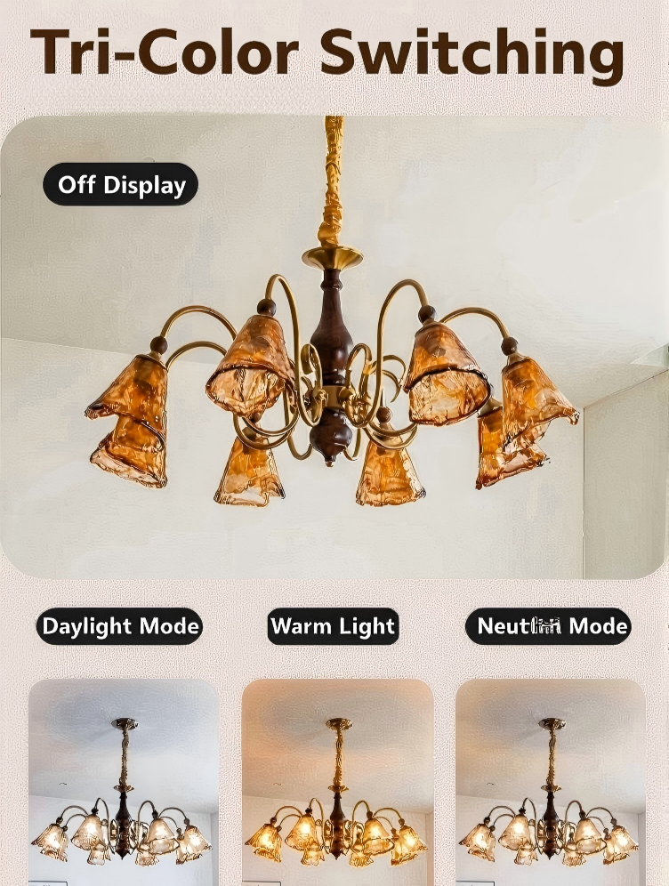 CASAGD French Mid-Century Chandelier Solid Wood & Glass Ambient Ceiling Light